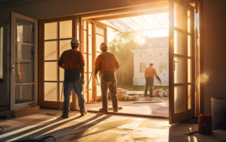 Construction workers installing new windows in a house during sunset.